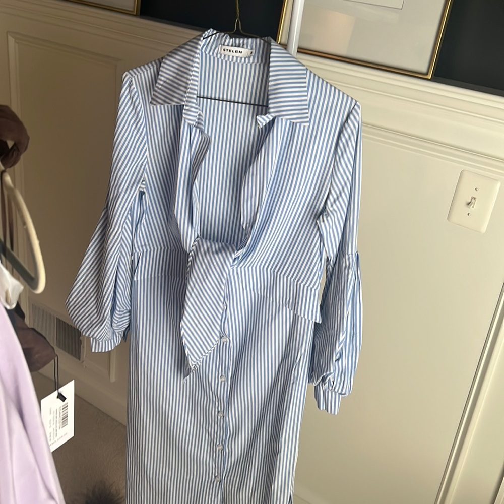 Blue + White Striped Shirt Dress with tie front